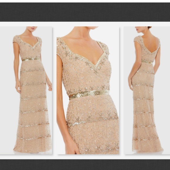 NEW Mac Duggal Cap Sleeve Embellished Column Gown in Nude Gold Size 8